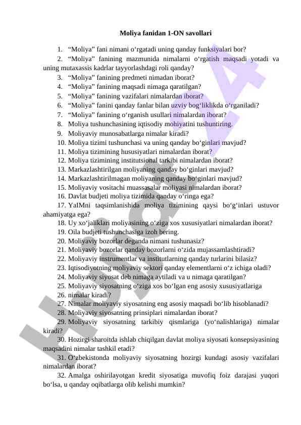 Moliya fanidan savollar va tahlil