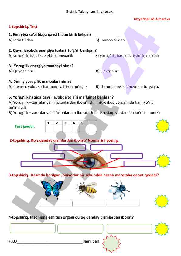 Tabiiy fan 3-sinf test savollari va javoblari