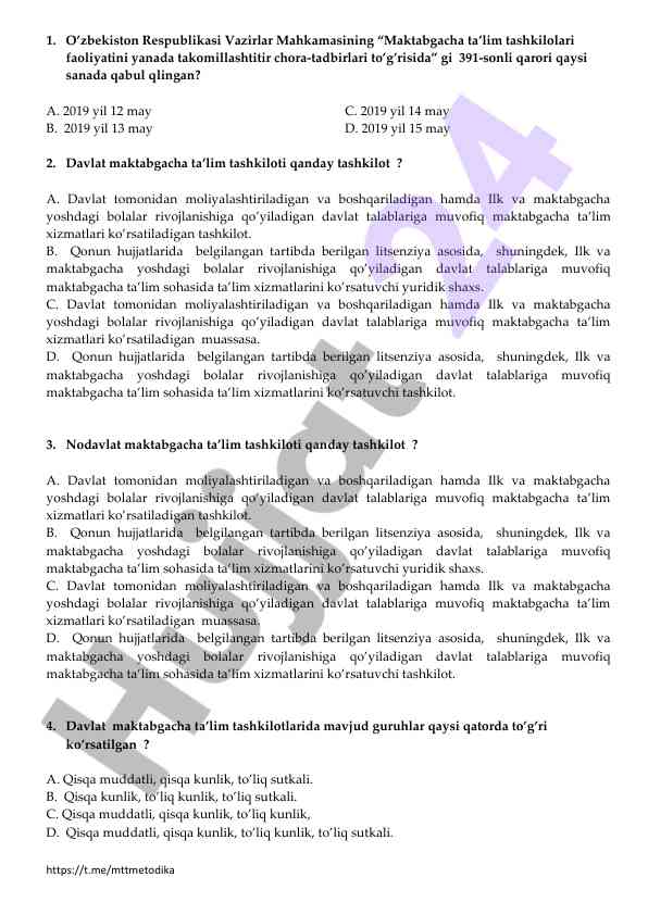 Davlat maktabgacha ta'lim tashkilotlari test savollari