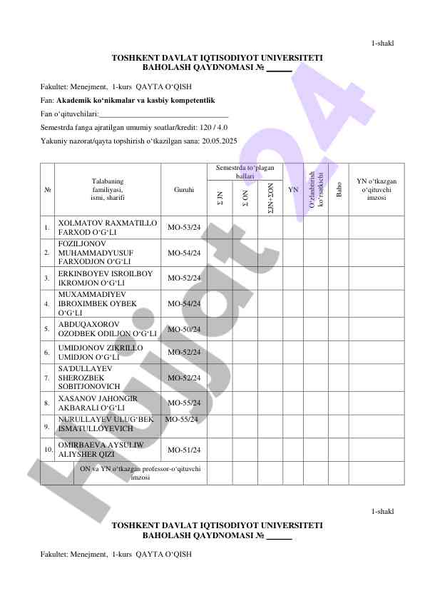 Akademik ko‘nikmalar va kasbiy kompetentlik baholash