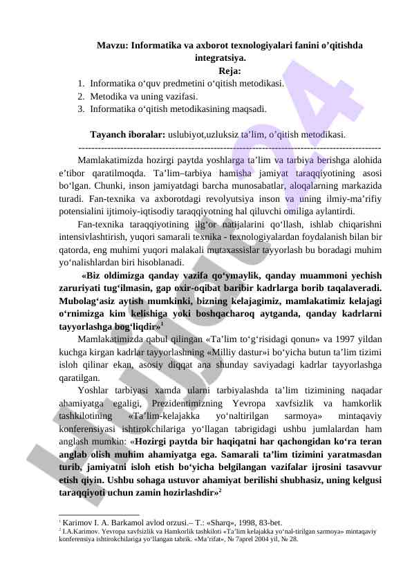 Informatika va axborot texnologiyalari o‘qitish metodikas
