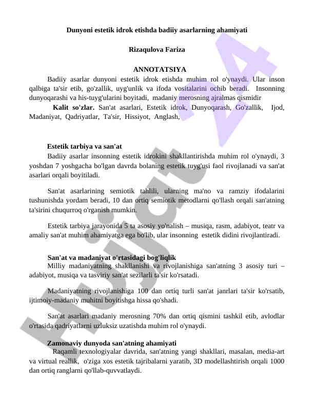 Badiiy asarlarning estetik idrokdagi ahamiyati