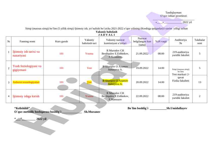 Yakuniy baholash jadvali 2021-2022 o‘quv yili