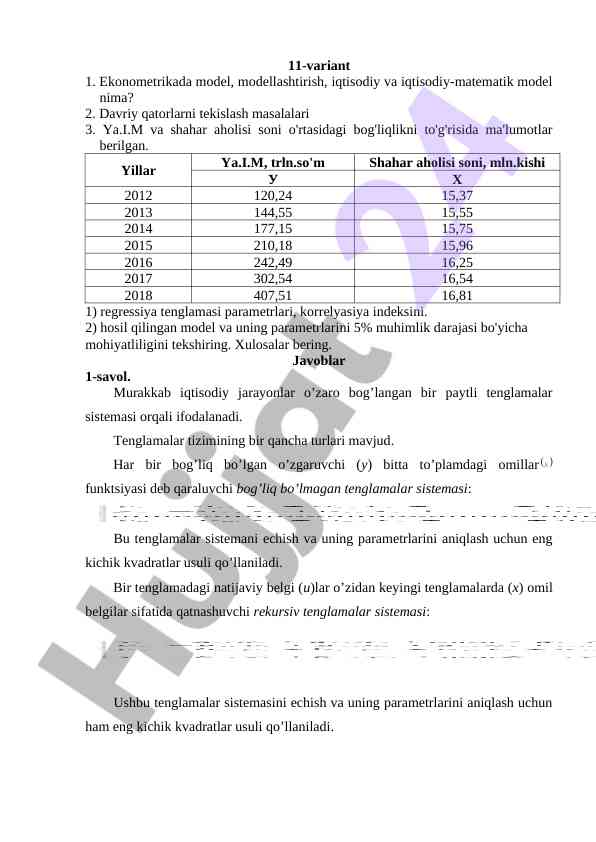 Ekonometrikada model va modellashtirish masalalari