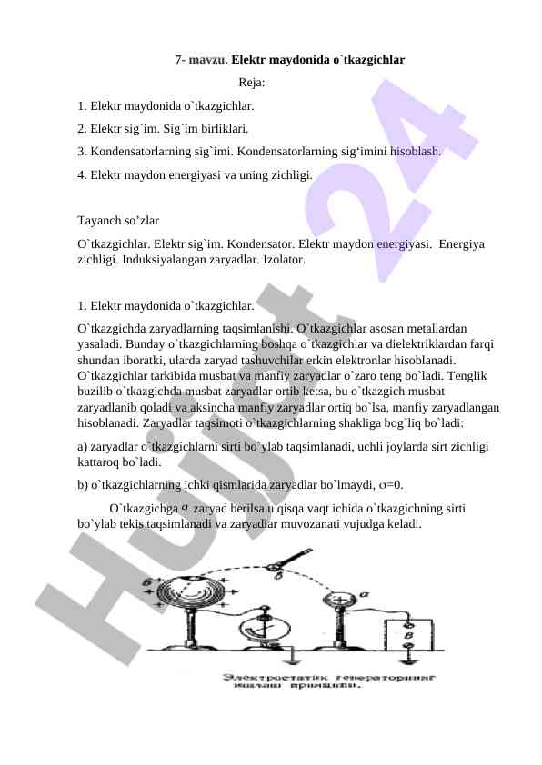 Elektr maydonida otkazgichlar va ularning hisoblari