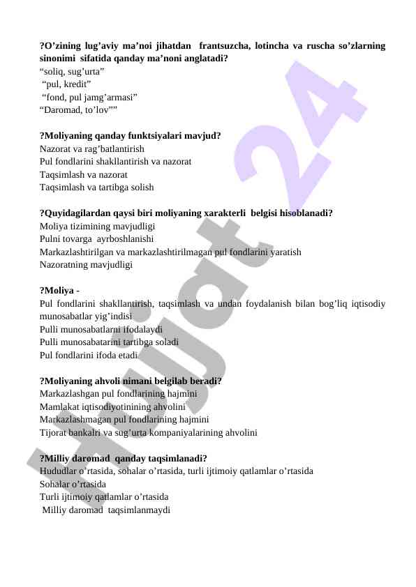 Moliyaning asosiy funktsiyalari va tizimlari