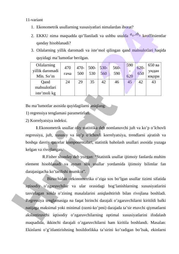 Ekonometrik usullarning xususiyatlari