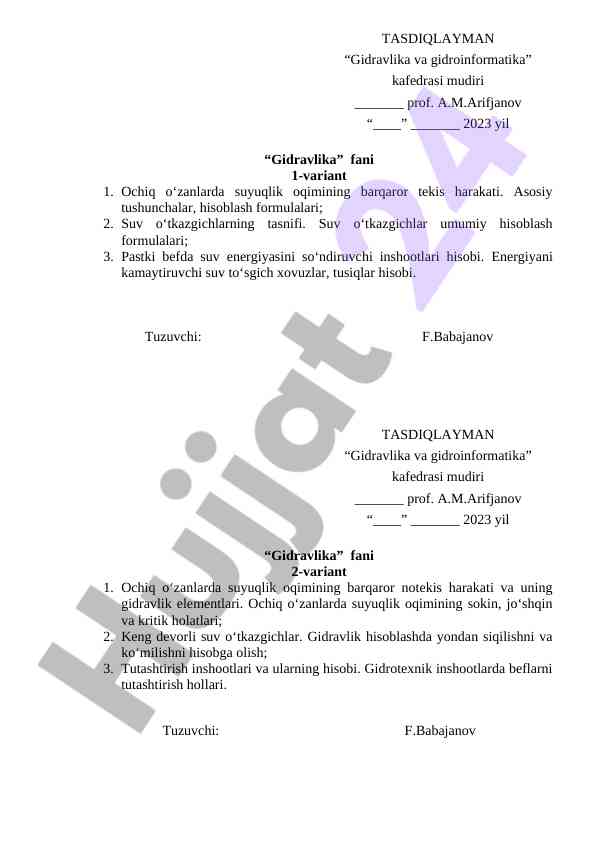 Gidravlika fani ochiq o‘zanlarda suyuqlik oqimi