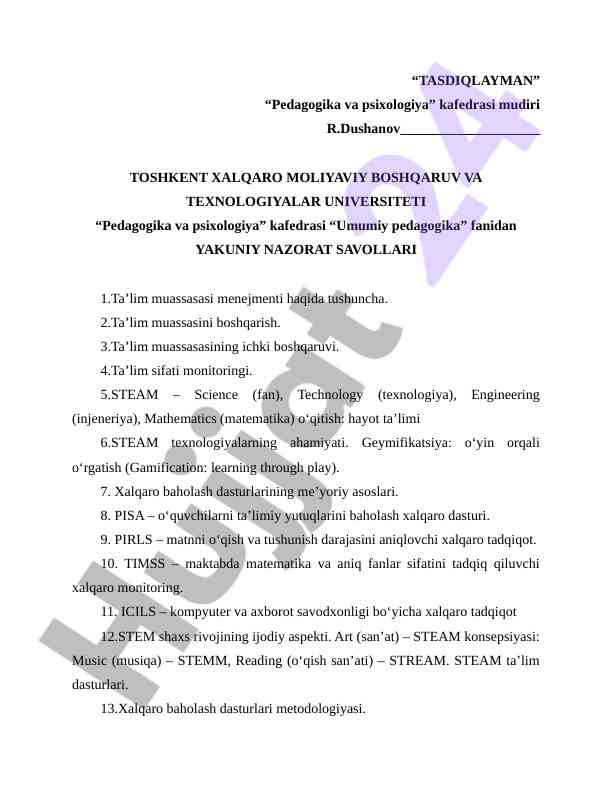 Umumiy pedagogika fanidan yakuniy nazorat savollari