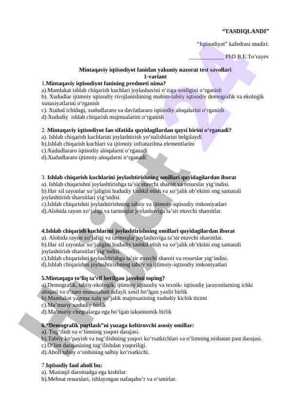 Mintaqaviy iqtisodiyot fanidan yakuniy nazorat testlari