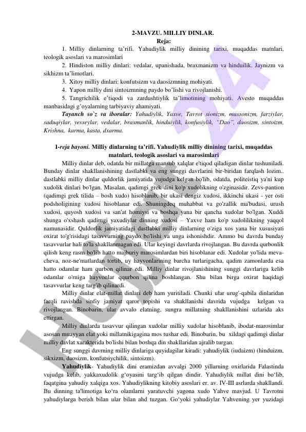Milliy dinlar tarixi va teologik asoslar