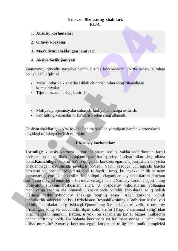 Biznesning shakllari va xususiyatlari