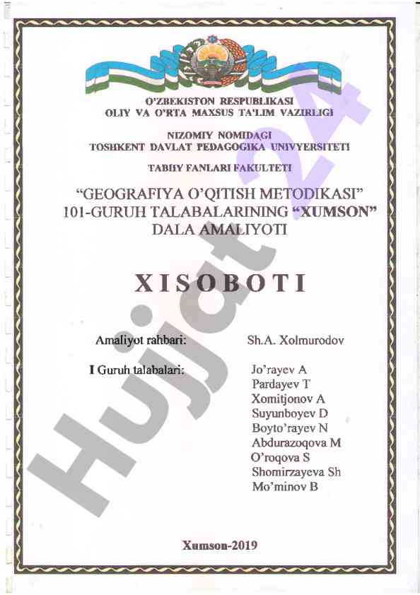 Geografiya o'qitish metodikasi xisoboti