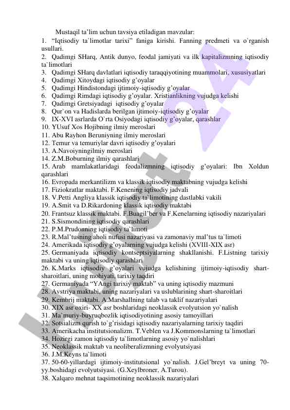 Iqtisodiy ta’limotlar tarixi mavzulari