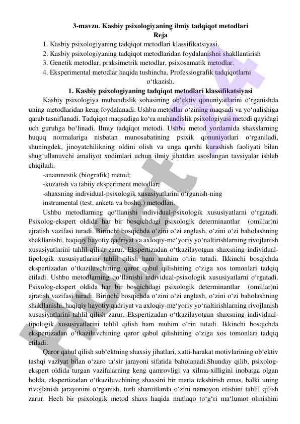 Kasbiy psixologiyaning tadqiqot metodlari