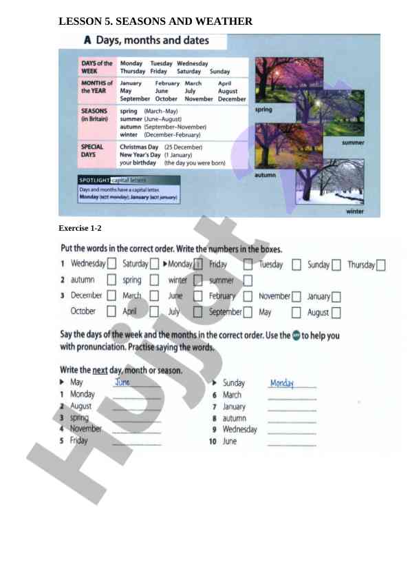 Seasons and weather vocabulary and exercises