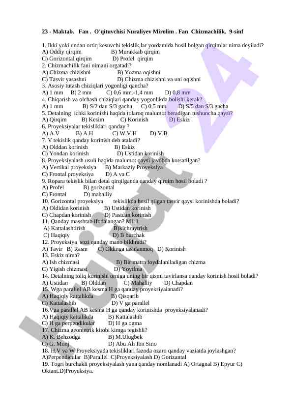 Chizmachilik faniga doir sinov savollari