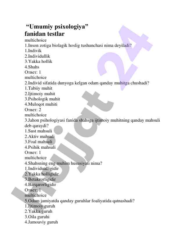 Umumiy psixologiya fanidan testlar