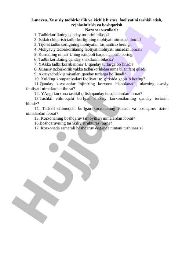 Xususiy tadbirkorlik faoliyatini tashkil etish