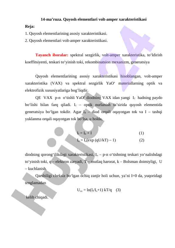 Quyosh elementlari volt-amper xarakteristikasi