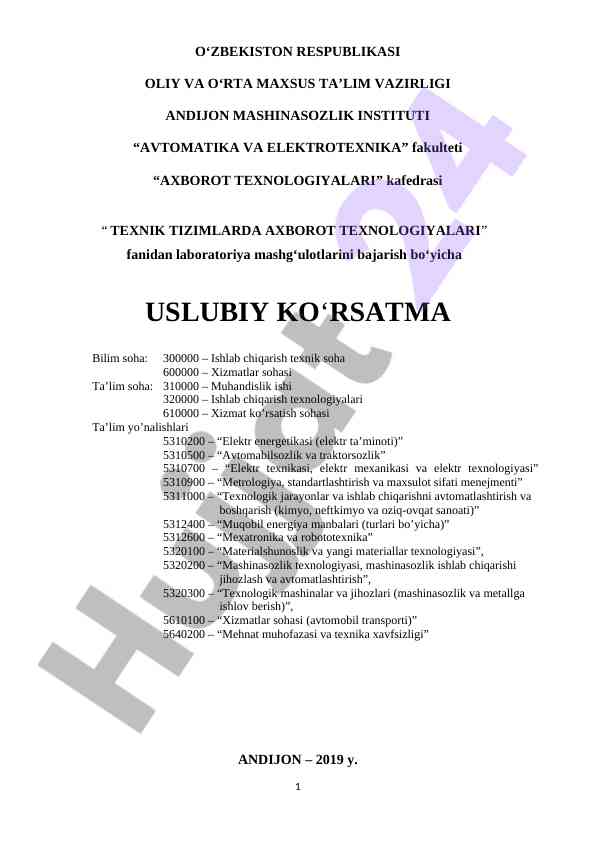 Laboratoriya mashgʻulotlarini bajirish bo'yicha usuliy ko'rsatma