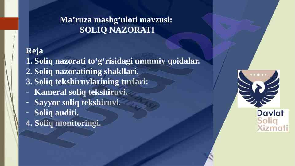 Soliq nazorati: umumiy qoidalar va tekshiruv turlari