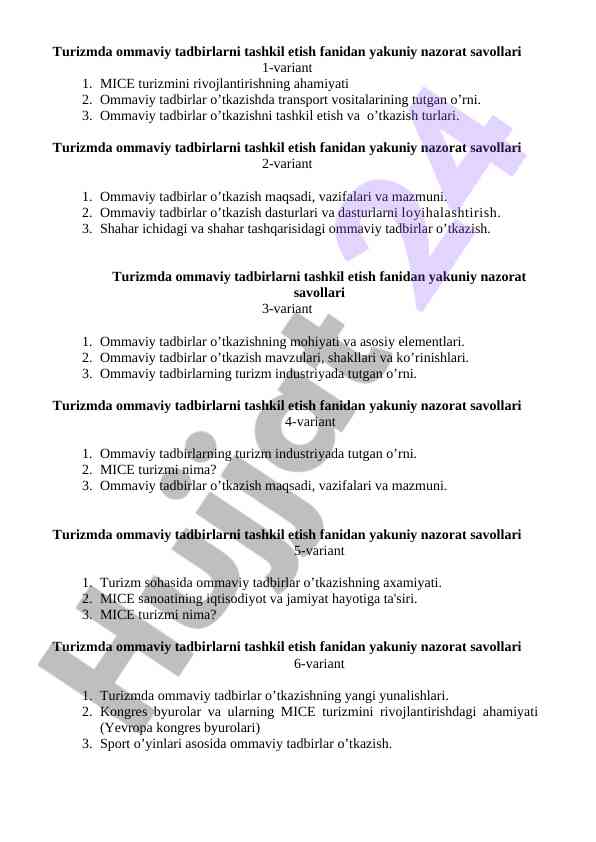 Final control questions in tourism event organization