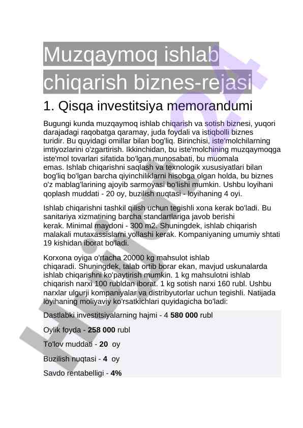 Muzqaymoq ishlab chqarish biznes-rejasi