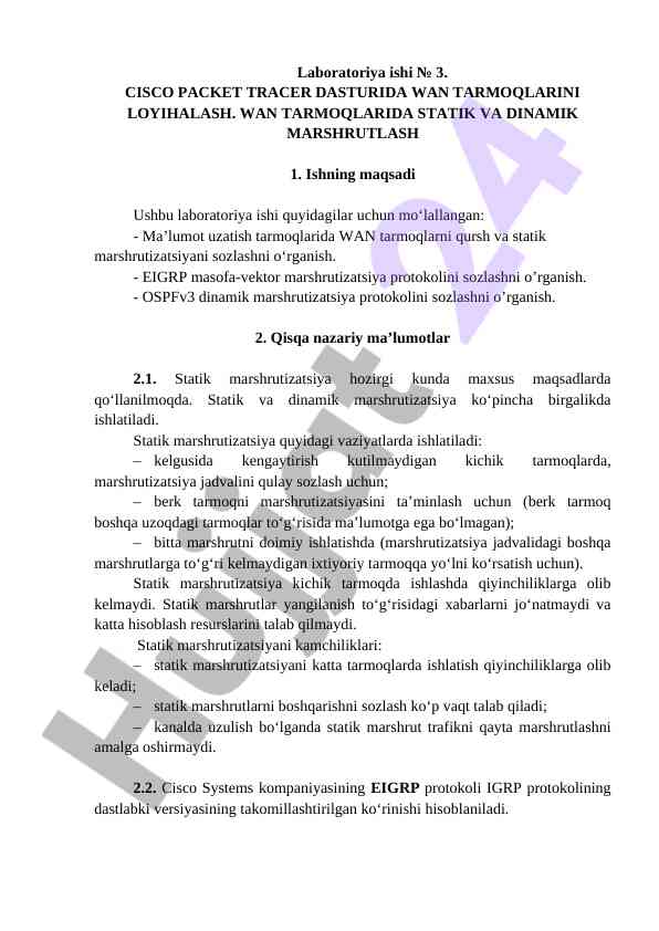 Wan tarmoqlarini loyihalash va marshrutizatsiya