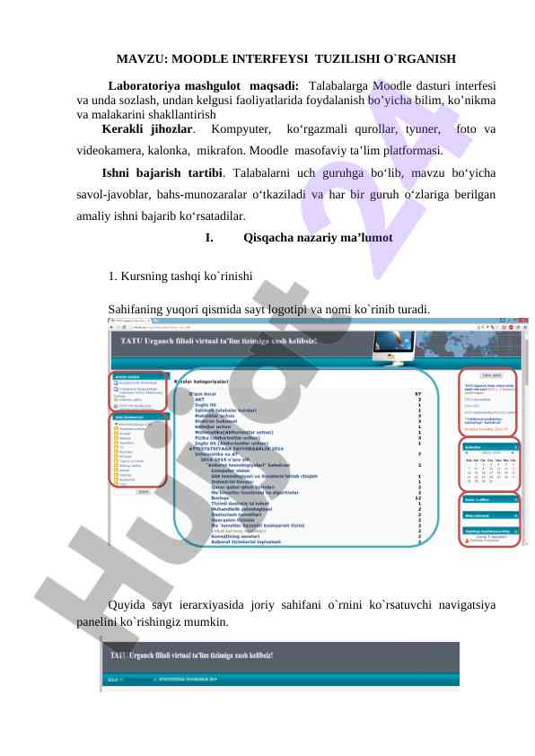 Moodle interfeysi tuzilishi o'rganuvchi laboratoriya mashg'uloti