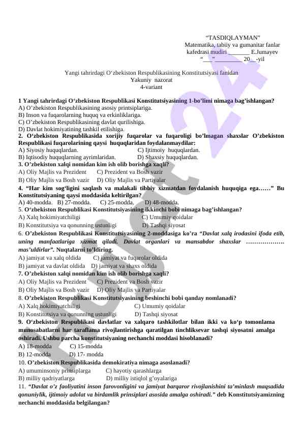 Yangi tahrirdagi o‘zbekiston respublikasi konstitutsiyasi test