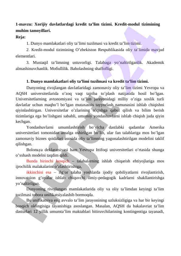 Xorijiy davlatlardagi kredit ta’lim tizimi analizi
