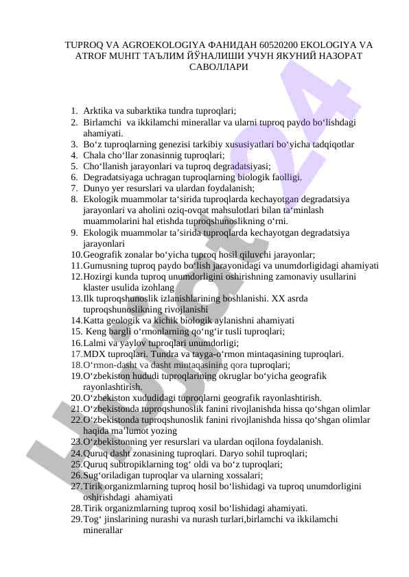 Tuproq va agroekologiya fanidan yakuniy nazorat savollari