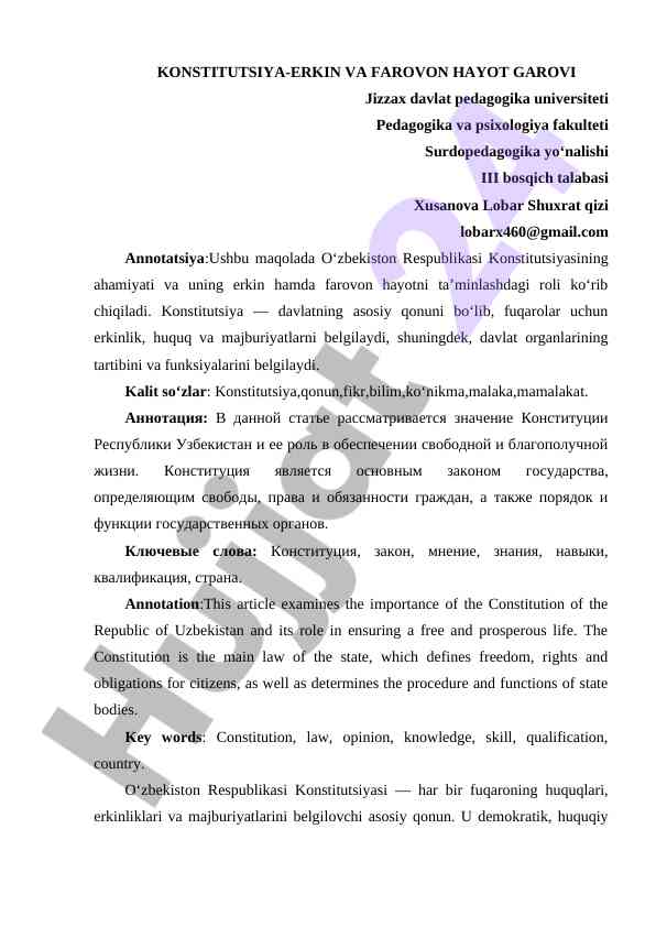 Konstitutsiyaning ahamiyati va roli