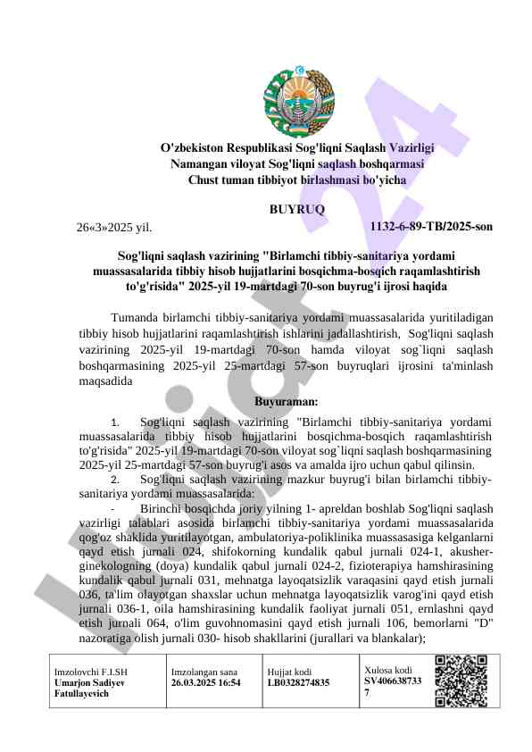 Raqamlashtirish tibbiy hisob hujjatlari buyrug'i