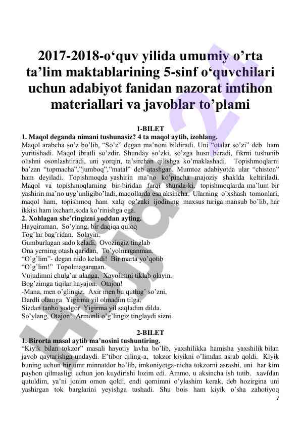 Adabiyot fanidan nazorat imtihon materiallari