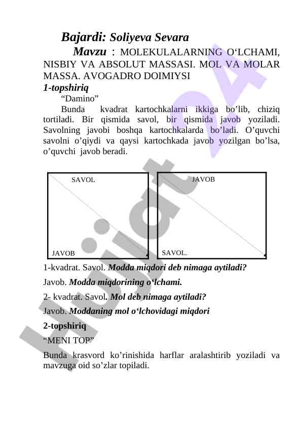 Molekulalarning olchami va avogadro doimiysi