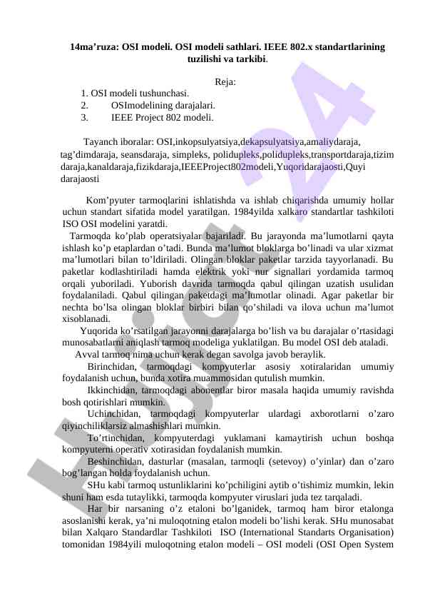 Osi modeli va ieee 802.x standartlari
