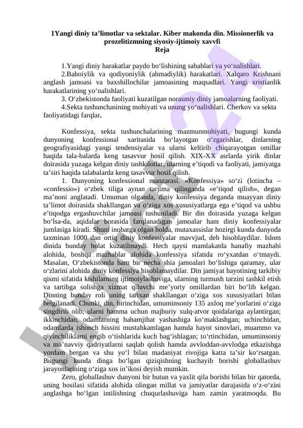 Yangi diniy ta'limotlar va sektalar tahlili