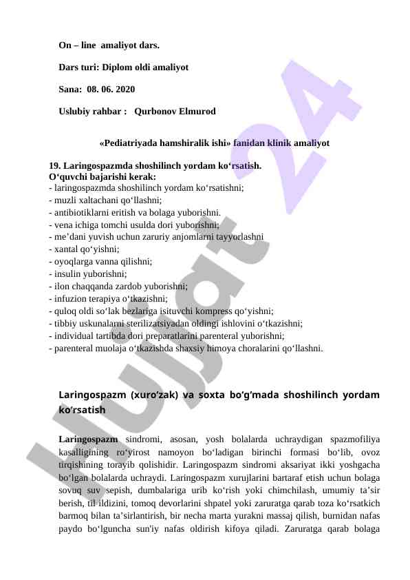 Pediatriyada hamshiralik ishi amaliyoti