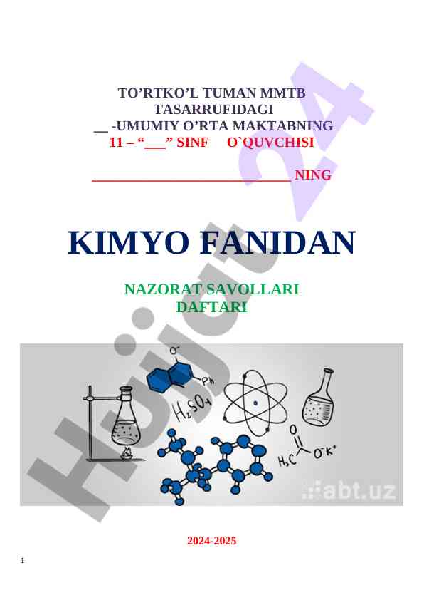 Kimyo fanidan nazorat savollari 2024-2025