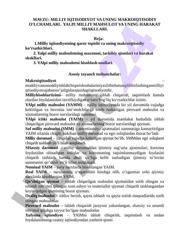 Milliy iqtisodiyot va makroiqtisodiy o‘lchamlari