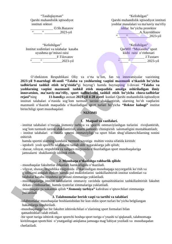 Rektor kubogi sport musobaqalari tashkil etish nizomi