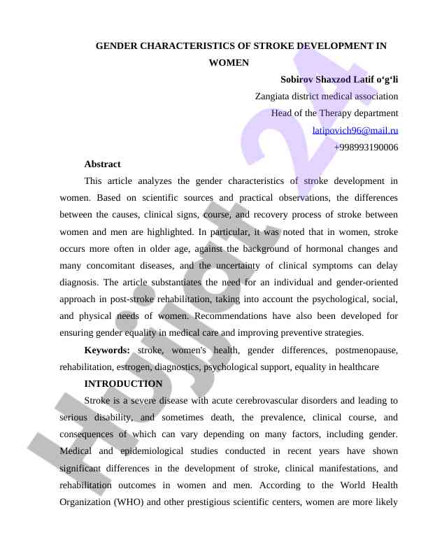 Ayollarda insult rivojlanishining jinsiy xususiyatlari