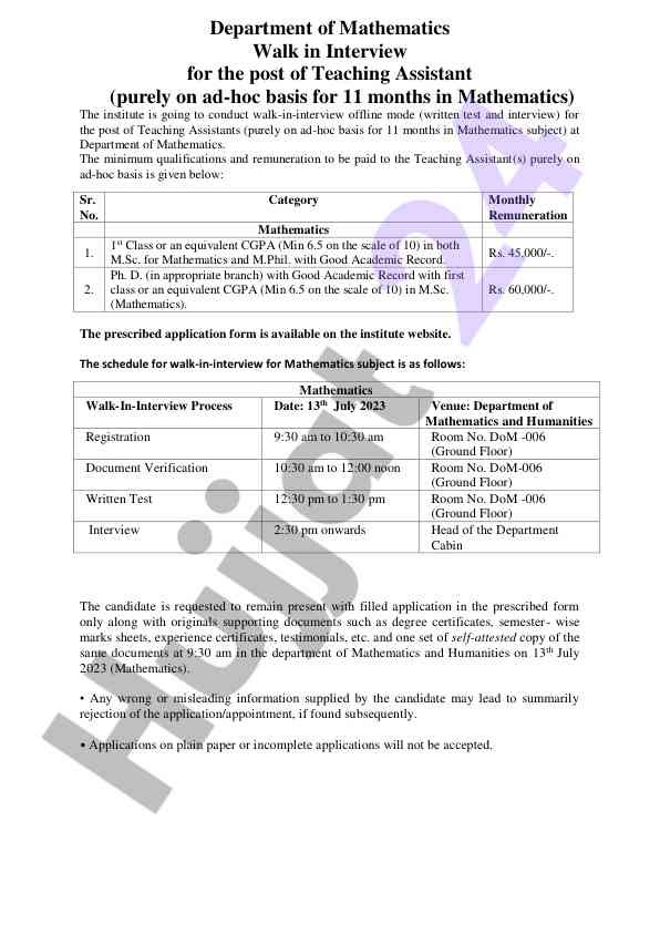 Walk-in interview for teaching assistant in mathematics