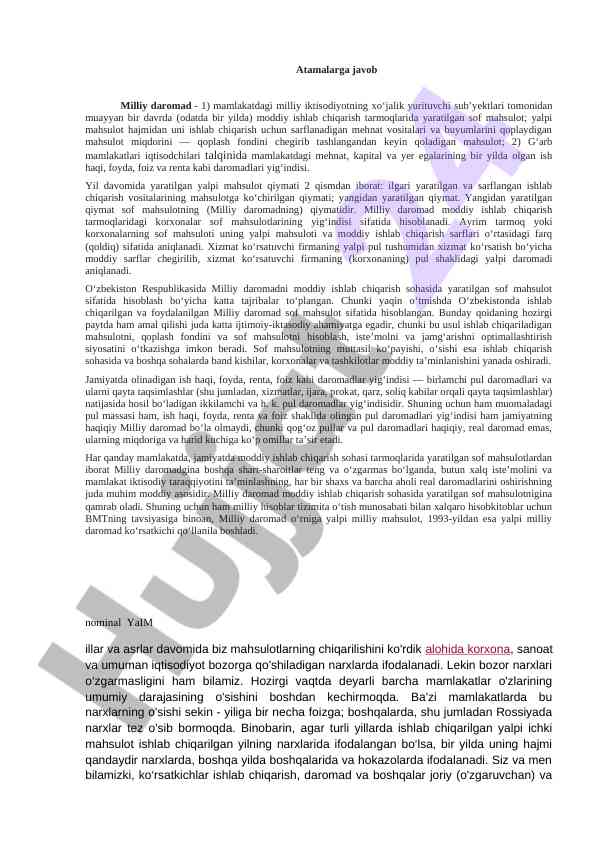 Milliy daromad va iqtisodiy qiyoslash asoslari