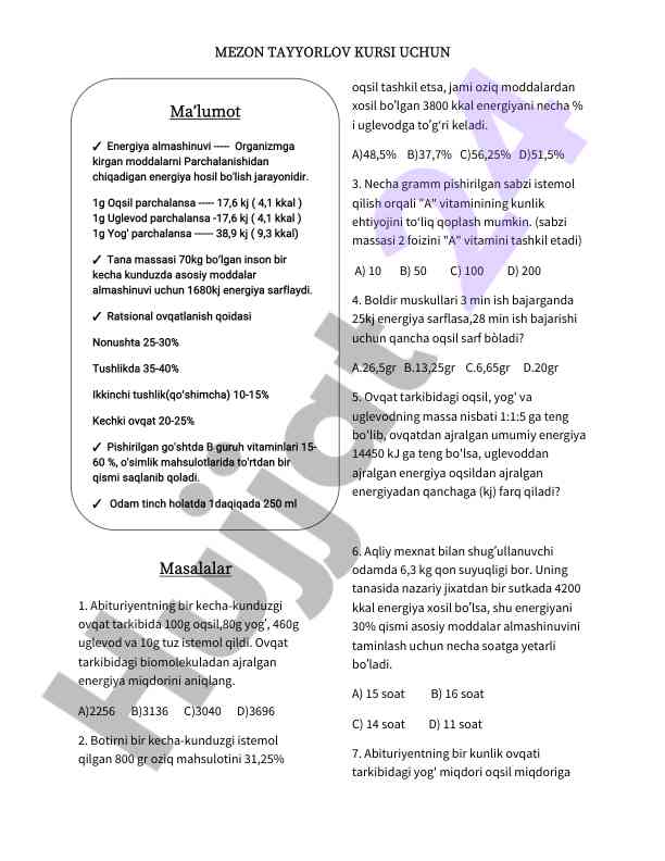 Mezon tayyorlov kuni test savollari