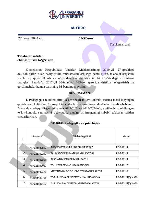 Talabalardan chetlashtirish tartibi bilan bog‘liq buyruq