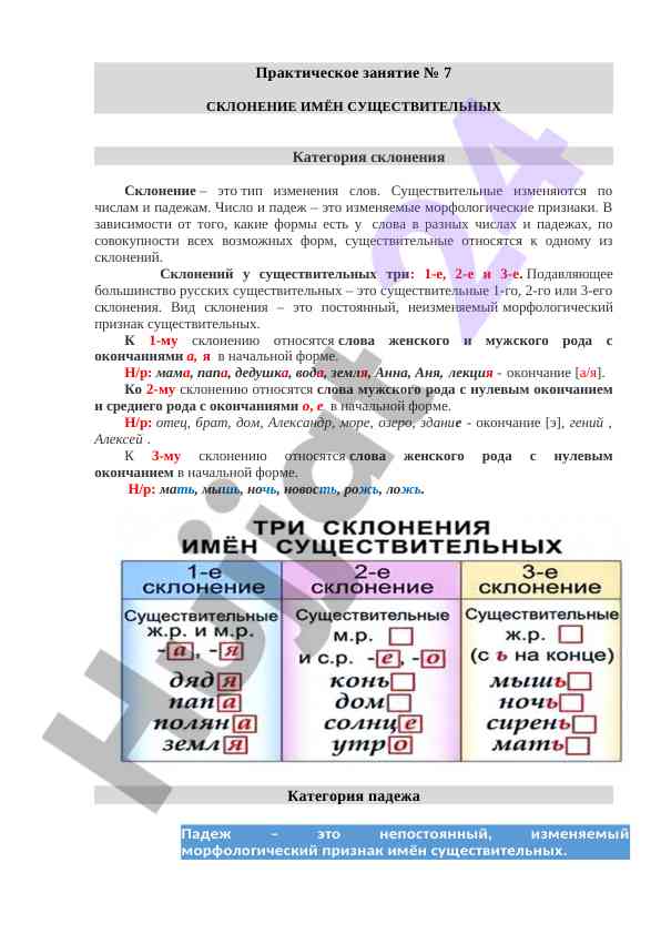 Склонение имен существительных практическое занятие