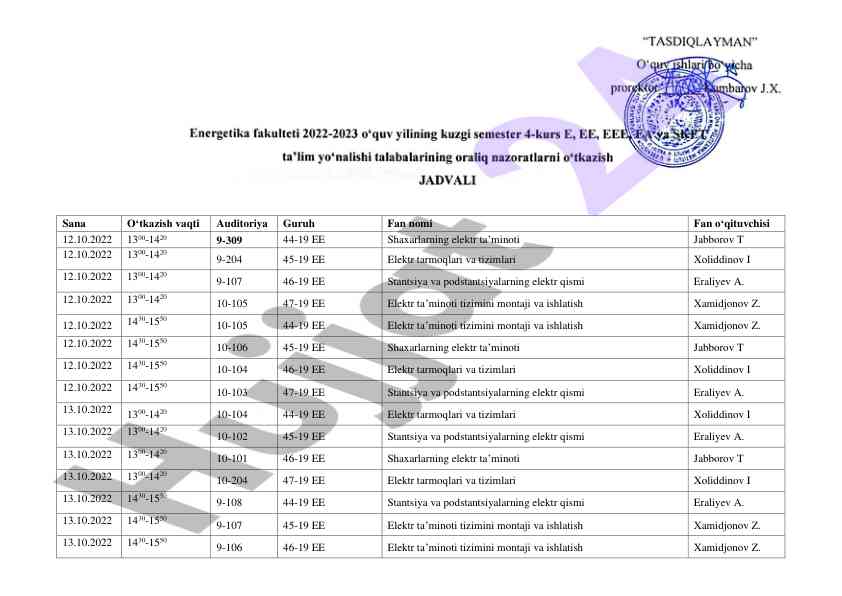 Elektr tizimlari o‘qituvchilari vaqtlari ro‘yxati